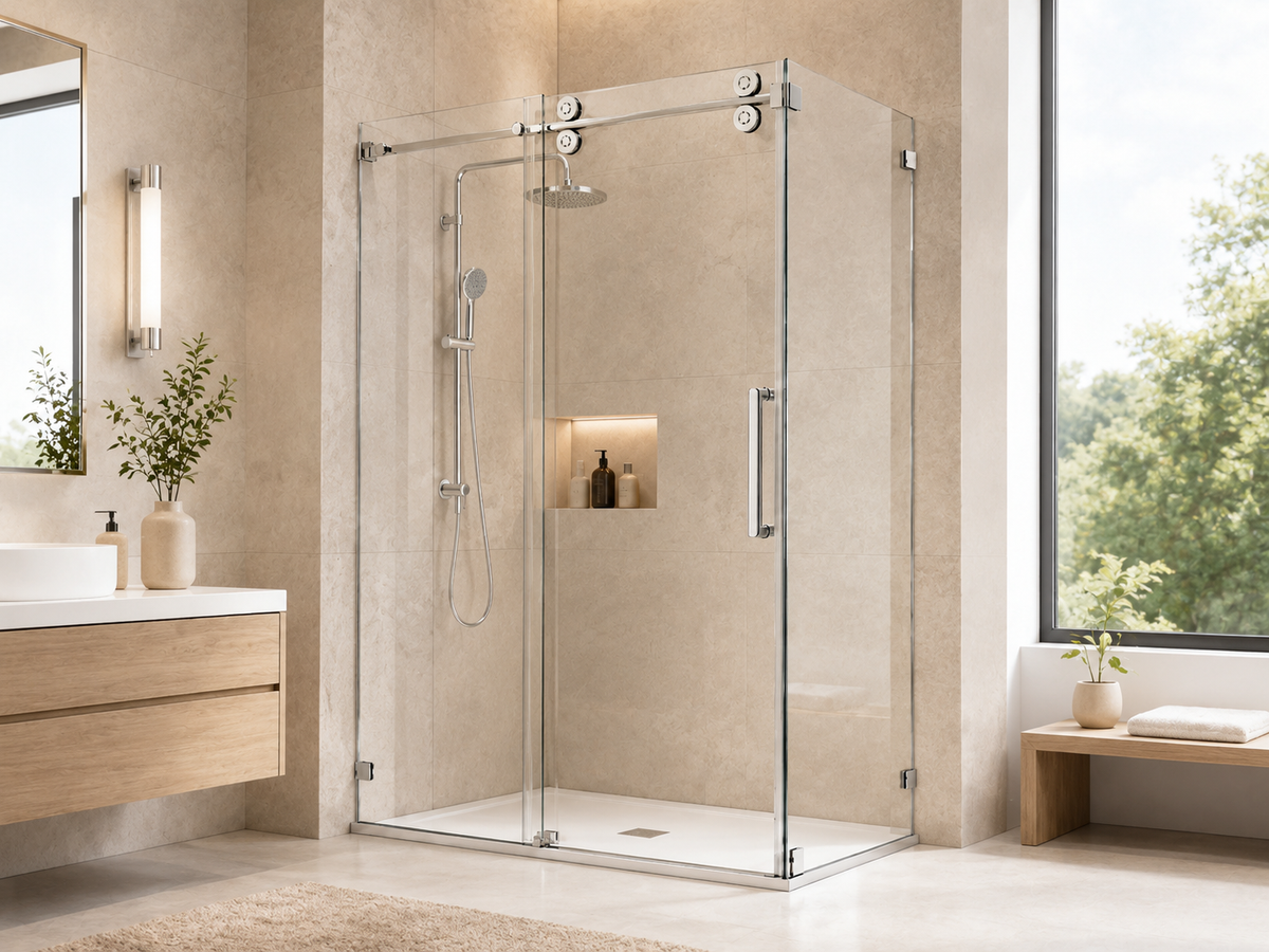 NA-R04 frameless single sliding shower enclosure with chrome rollers and bar handle in a modern beige bathroom