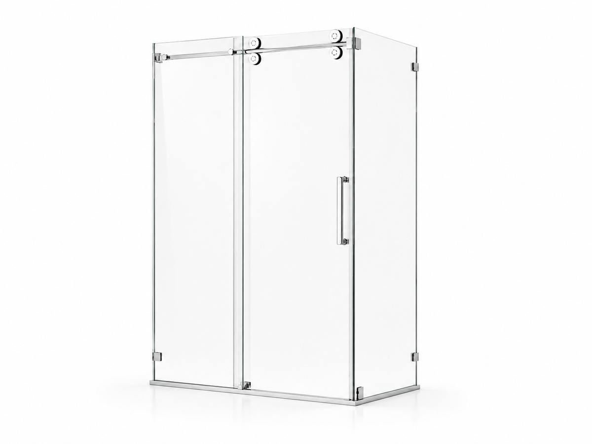 NA-R04 frameless single sliding shower enclosure in chrome with exposed round rollers and vertical bar handle