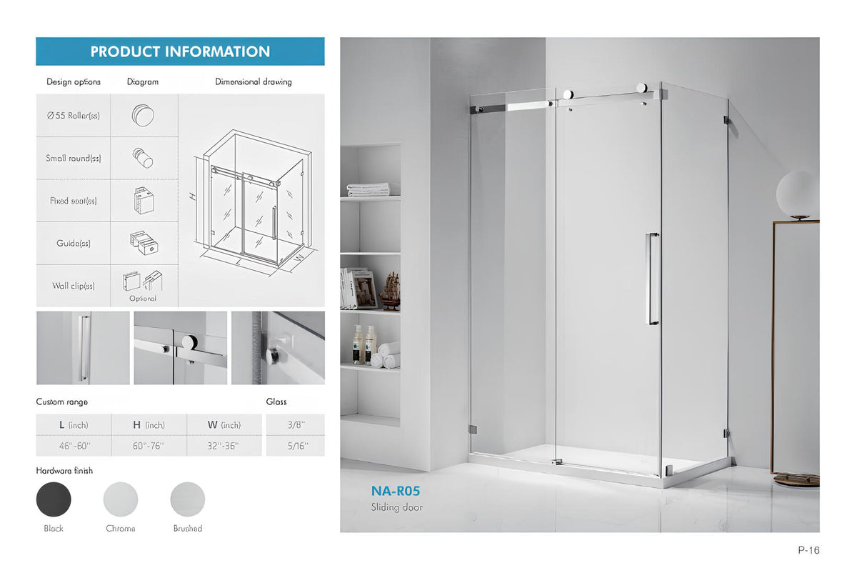 NA-R05 sliding shower door spec sheet showing small-round roller hardware, sizes, and glass options