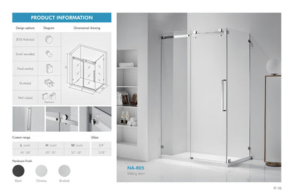 NA-R05 sliding shower door spec sheet showing small-round roller hardware, sizes, and glass options