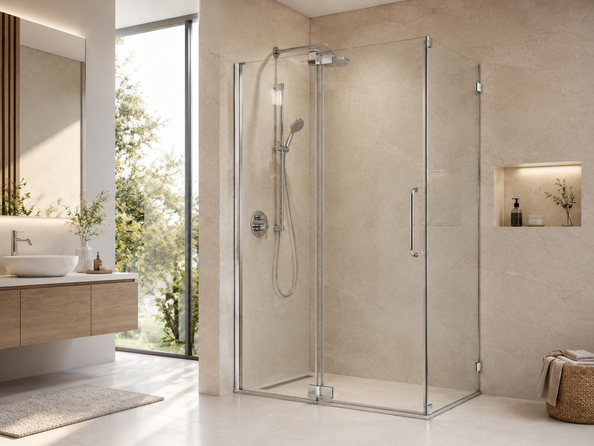 NA-R06 frameless pivot shower door in chrome with curved stainless handle in a sunlit beige bathroom