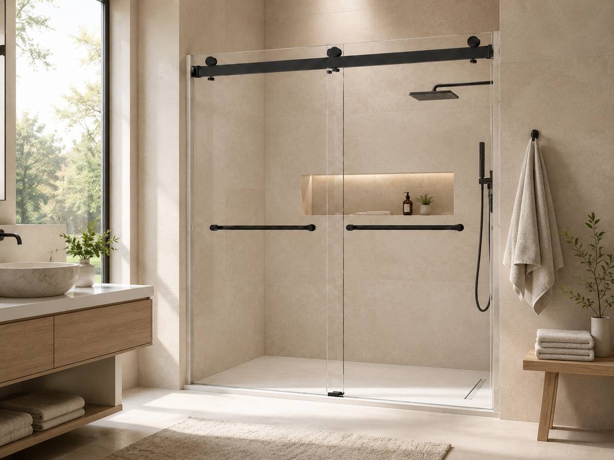 Matte black NA-S01B frameless bypass sliding shower door installed in a beige stone-tiled bathroom