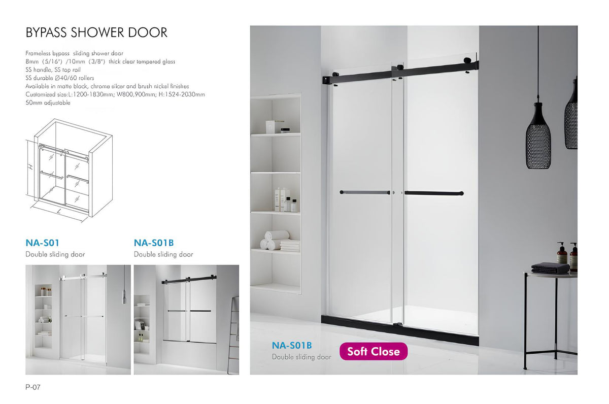 NA-S01B matte black bypass sliding shower door with soft-close — product and specification overview