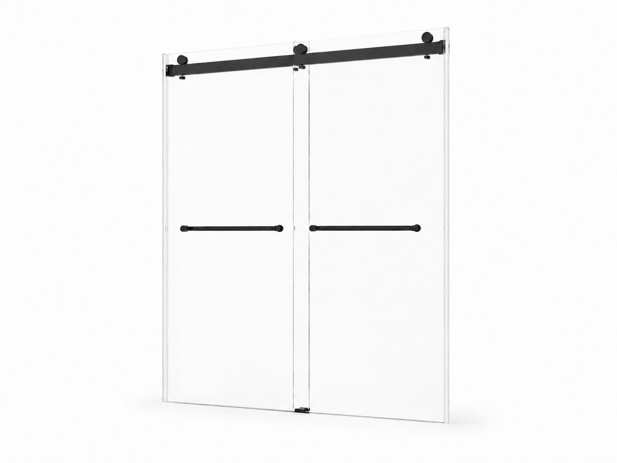 NA-S01B matte black frameless bypass double sliding shower door, angled product view on white