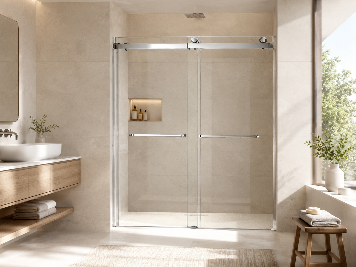 NA-S02 chrome frameless bypass sliding shower door in a modern beige bathroom with wood vanity