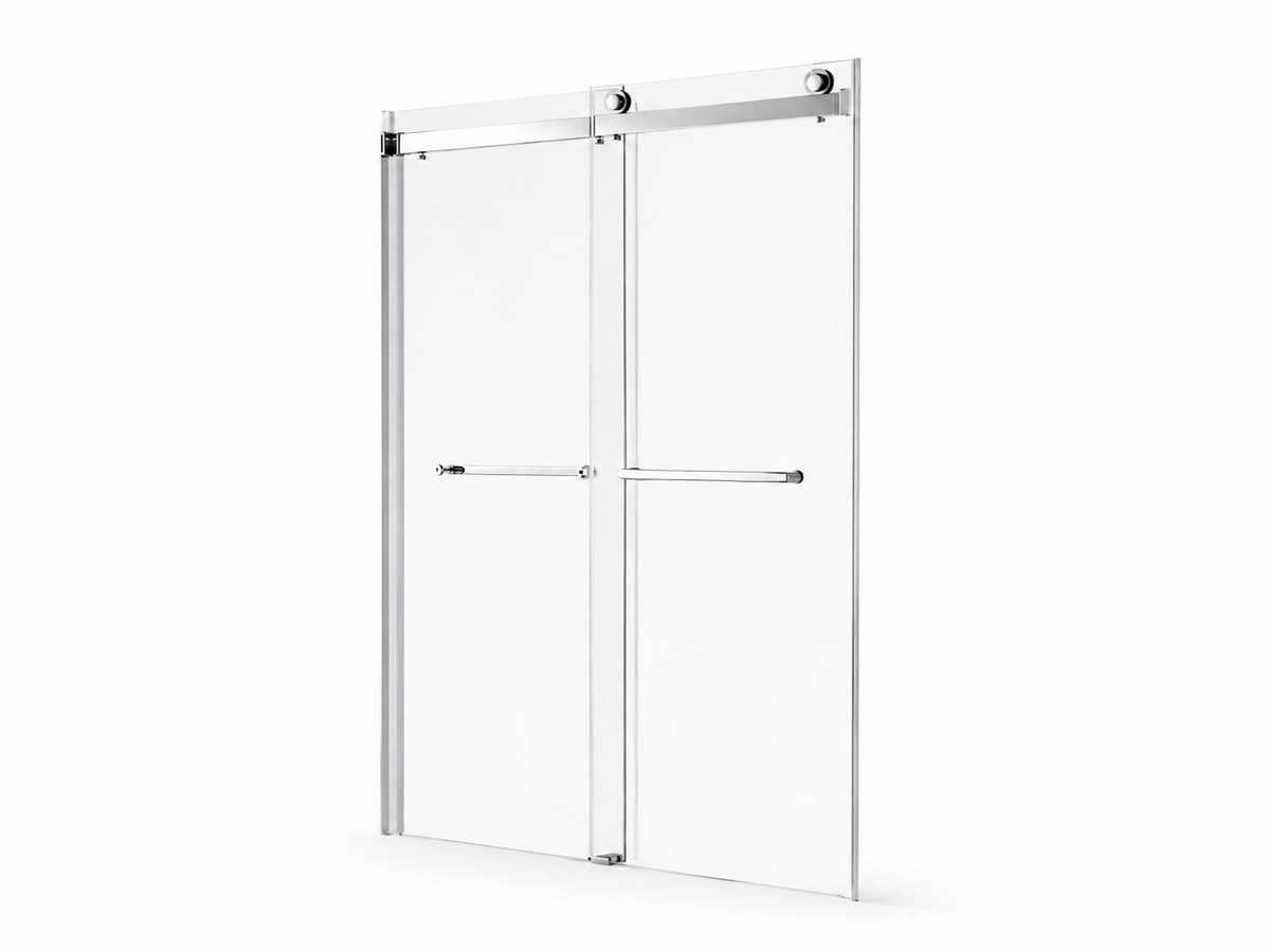NA-S02 chrome frameless bypass double sliding shower door, studio product view on white background