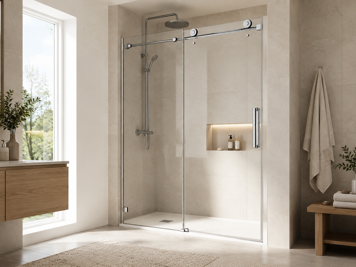 NA-S03 chrome big-roller frameless sliding shower door in a modern beige stone bathroom
