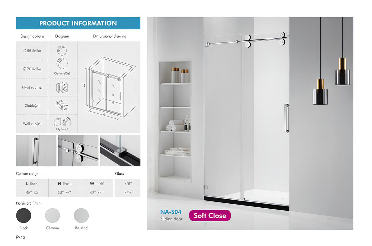 NA-S04 chrome big-roller sliding shower door with soft-close — specification sheet with roller and size options