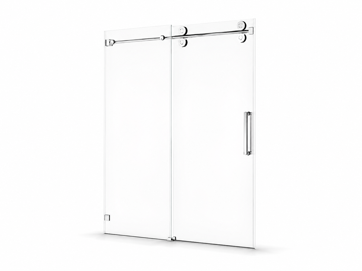 NA-S04 chrome frameless sliding shower door with exposed round rollers, angled studio view