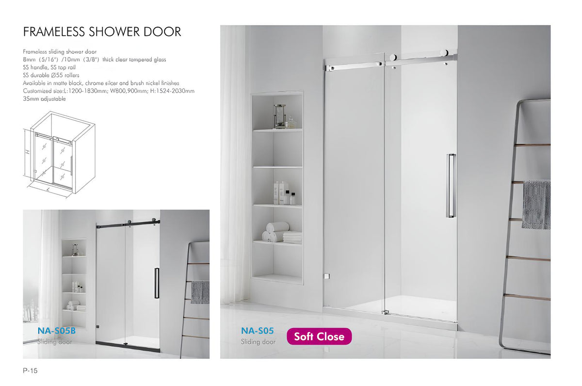 NA-S05 chrome frameless single sliding shower door with soft-close — product specification sheet