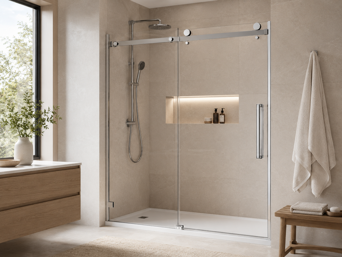 NA-S05 chrome single-panel frameless sliding shower door in a warm beige stone bathroom