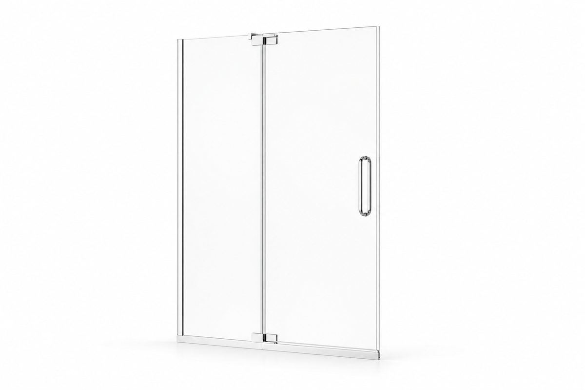 NA-S06 chrome frameless pivot shower door with inline fixed panel, studio view on white