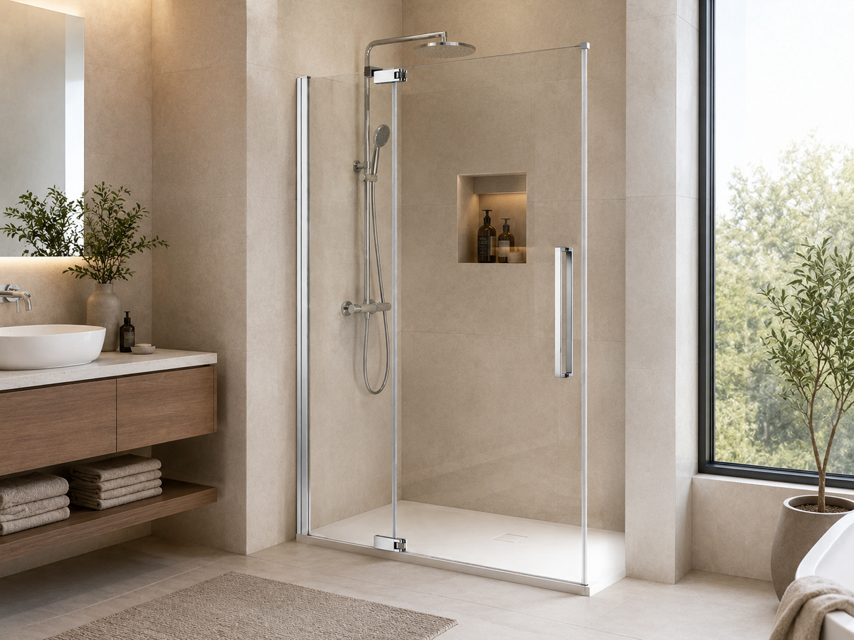 NA-S07 chrome frameless pivot shower door with return panel in a bright modern bathroom
