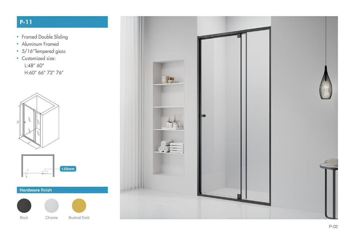 P-11 aluminum framed double sliding shower door size diagram