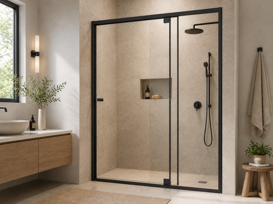 SANIKB P-11 black aluminum framed double sliding shower door installed in a modern project bathroom