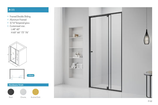 SANIKB P-11 aluminum framed double sliding shower door specification sheet with sizes and finish options