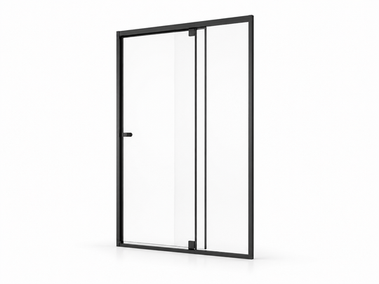 P-11 framed double sliding shower door product view with black aluminum frame and clear tempered glass