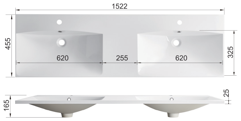 Matte White Solid Surface Integrated Vanity Top Basin, Rectangular RS1524-D – dimension drawing