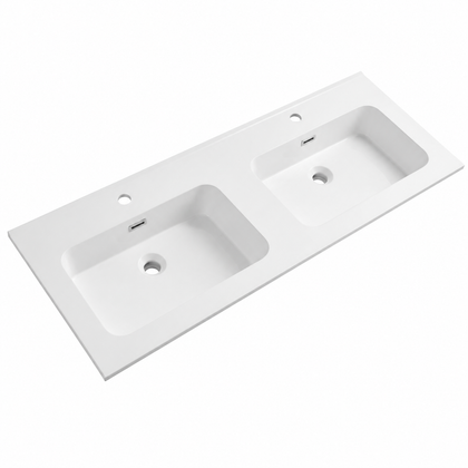 Integral Solid Surface Vanity-Top Basin with Single-Hole Countertop RSB1210-D – 1210 × 465 × 158 mm · Double Bowl