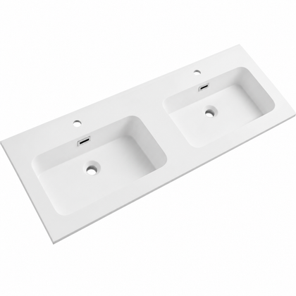 Integral Solid Surface Vanity-Top Basin with Single-Hole Countertop RSB1210DMW – 1210 × 465 × 158 mm · Double Bowl, Matte White