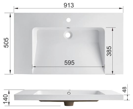 Solid Surface Console Basin Top with Deep Integrated Bowl RSI912 – dimension drawing