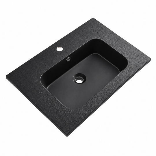 Matte Black Stone-Look Solid Surface Vanity Basin, Textured Top RST650MB – 650 × 460 × 168 mm · Matte Black