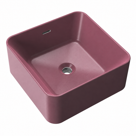 Matte Pink Square Solid Surface Vessel Basin with Overflow 420mm RSTP420 – 420 × 420 × 170 mm
