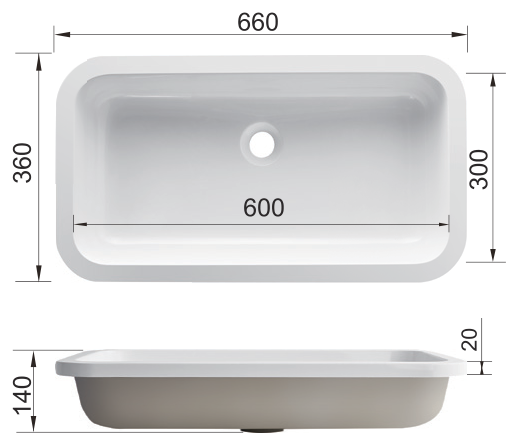 Matte White Solid Surface Rectangular Drop-In Bathroom Basin RSW600 – dimension drawing