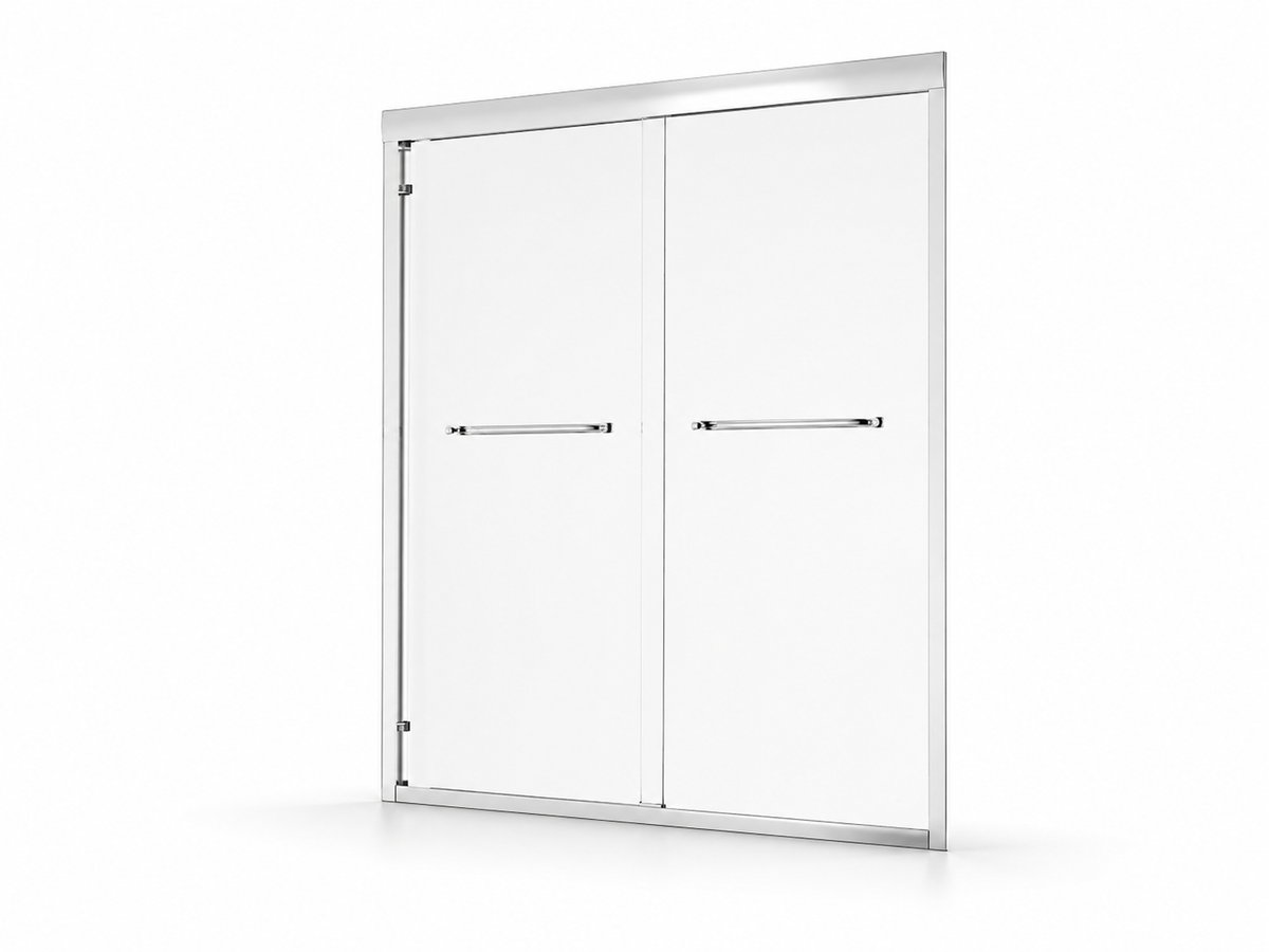 Front view of S-8 sliding glass bathtub door with chrome frame and two-panel sliding design