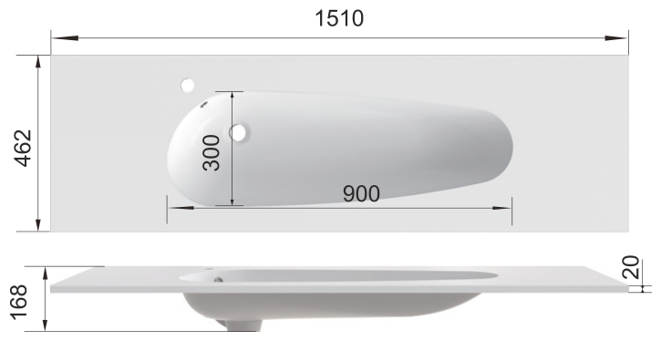 Solid Surface Teardrop Integrated Vanity Basin with Single Faucet Hole SD1510 – dimension drawing