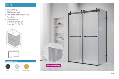 SANIKB SN-R21 fluted glass sliding shower door product specification image with size and finish options