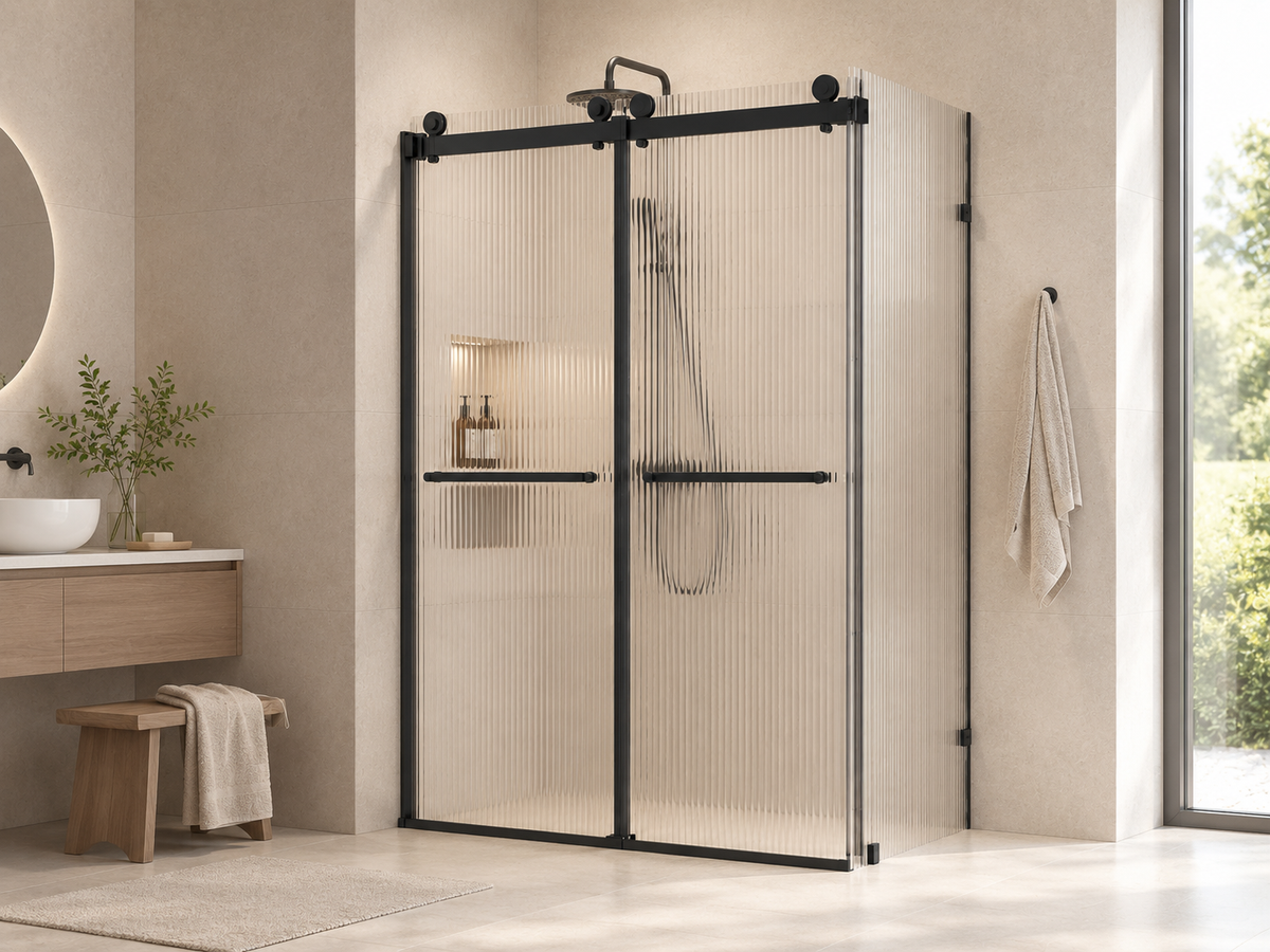 FN-R21 fluted glass shower door installed in a modern bathroom with matte black double sliding hardware