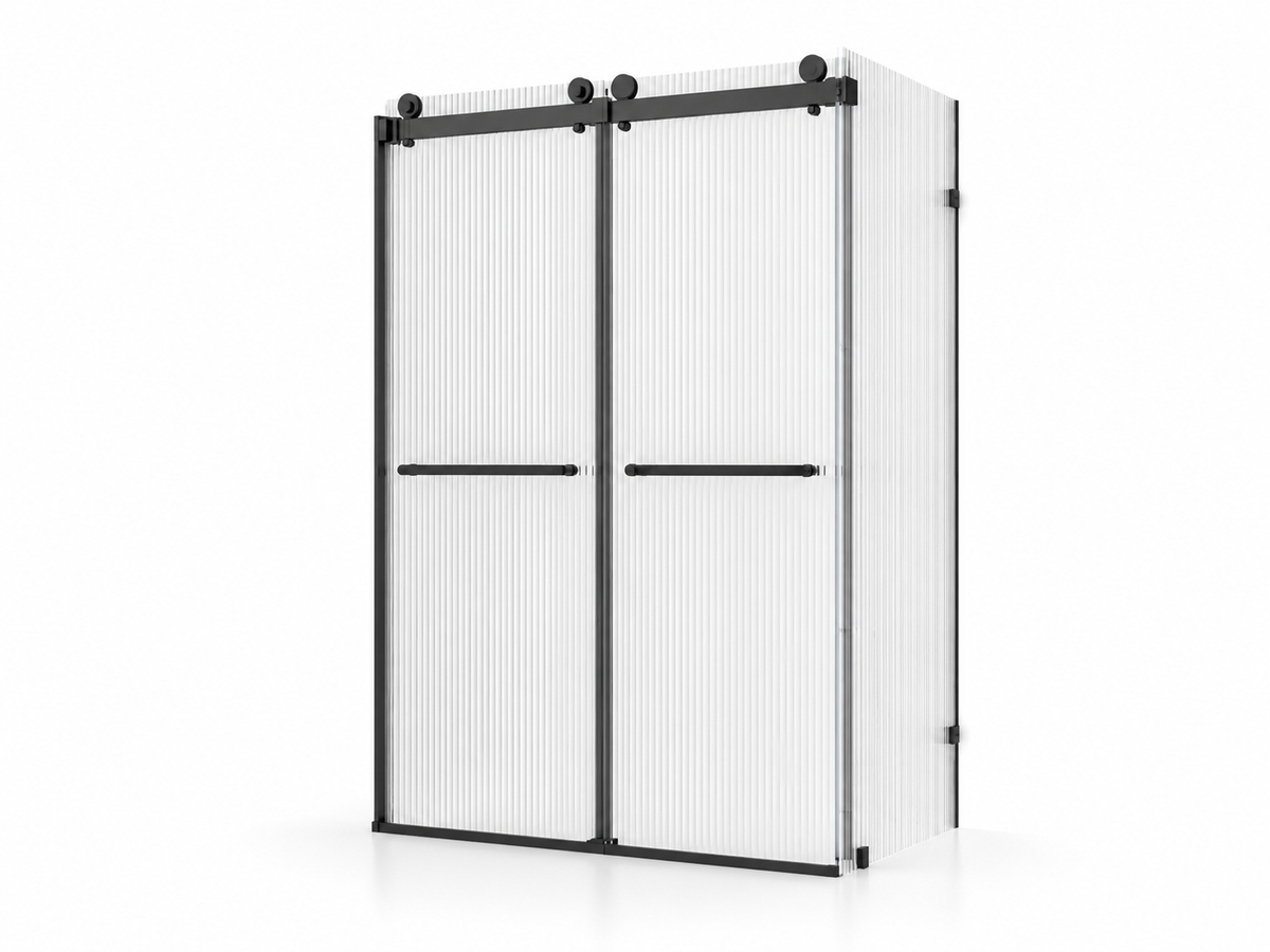 SN-R21 double sliding shower door with fluted glass panels and black 304 stainless steel hardware