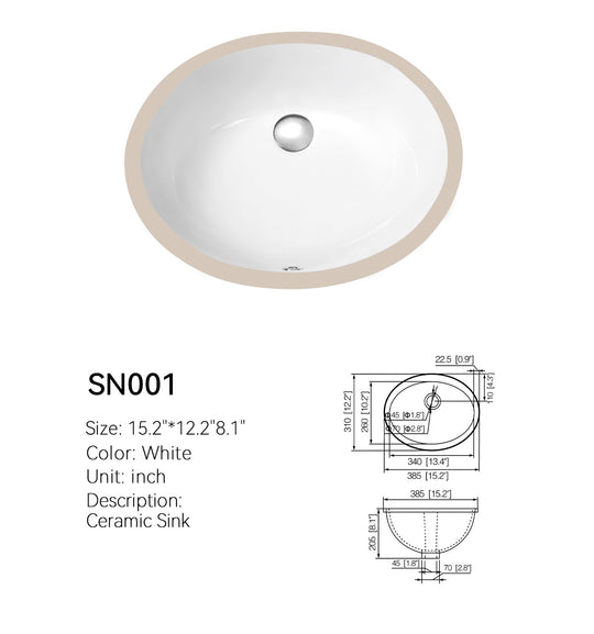 White SN001 compact oval ceramic undermount basin with dimensioned spec drawing, 15.2 in by 12.2 in