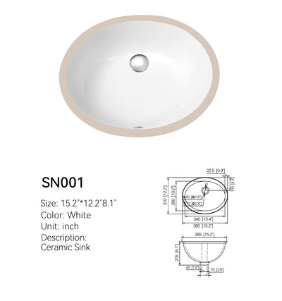 White SN001 compact oval ceramic undermount basin with dimensioned spec drawing, 15.2 in by 12.2 in