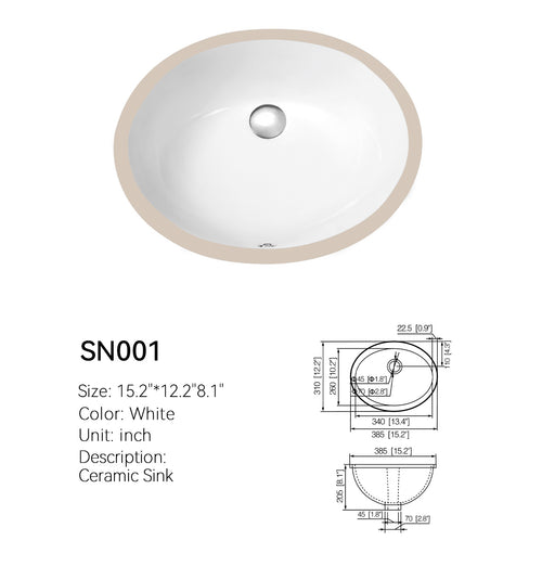 White SN001 compact oval ceramic undermount basin with dimensioned spec drawing, 15.2 in by 12.2 in