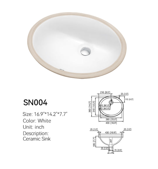 Small oval ceramic undermount sink SN004 in white with dimensioned spec drawing, 16.9 x 14.2 x 7.7 in (430 x 360 x 195 mm)
