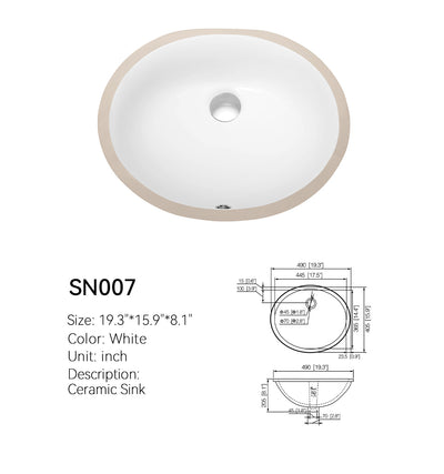 White deep oval ceramic undermount sink SN007 with dimensioned spec drawing, 19.3 x 15.9 x 8.1 in