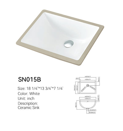 White ceramic rectangular undermount basin SN015B with chrome drain, shown with a dimensioned spec drawing: 18.3 x 13.8 in exterior and 7.3 in bowl depth