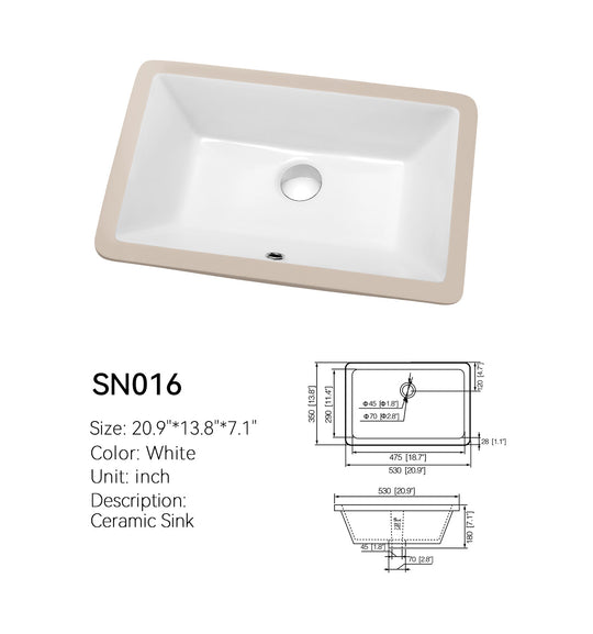 SN016 narrow rectangular ceramic undermount sink in white, spec drawing with 20.9 x 13.8 x 7.1 in dimensions and drain detail