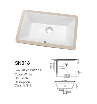 SN016 narrow rectangular ceramic undermount sink in white, spec drawing with 20.9 x 13.8 x 7.1 in dimensions and drain detail