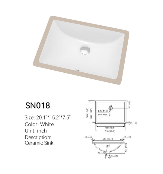 SN018 white ceramic undermount basin with dimension drawing showing 20.1 x 15.2 x 7.5 in size, drain, and 1.0 in mounting flange
