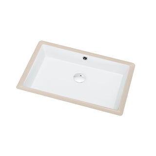 Shallow rectangular ceramic undermount sink in white with rounded interior corners and a chrome drain