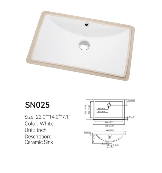 White 22 inch rectangular ceramic undermount sink, model SN025, with a rear overflow and center drain, shown above a dimensioned spec drawing marked 22.0 x 14.0 in (560 x 355 mm).