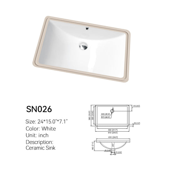 24 inch rectangular ceramic undermount sink SN026 in white, top view with dimensioned spec drawing, 24 x 15 x 7.1 in (610 x 380 mm)