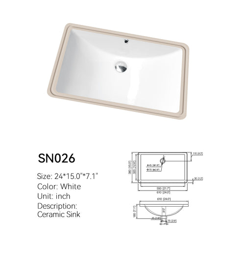 24 inch rectangular ceramic undermount sink SN026 in white, top view with dimensioned spec drawing, 24 x 15 x 7.1 in (610 x 380 mm)