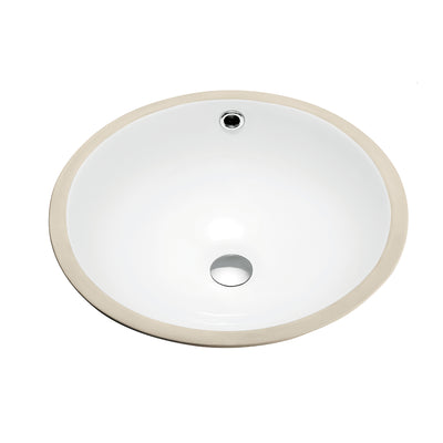 White compact round ceramic undermount basin with a chrome drain, viewed from above