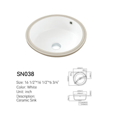 SN038 white ceramic round undermount bathroom sink with spec drawings, 16 1/2 in (420 mm) diameter, overflow and center drain