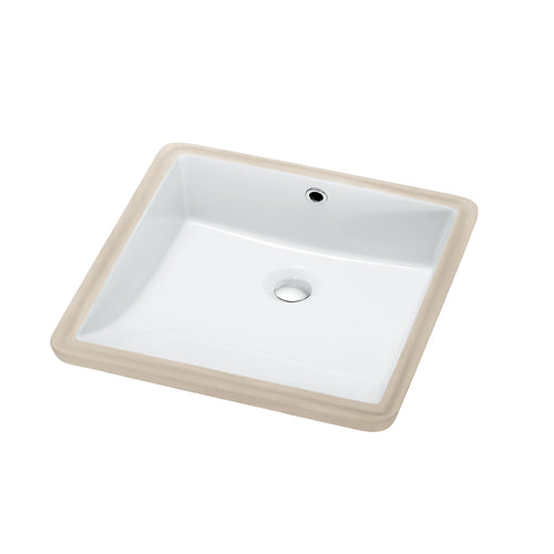 Glossy white square ceramic undermount bathroom sink, angled studio view on a plain background
