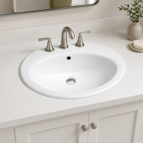 Large oval self-rimming ceramic bathroom sink in white, installed in a vanity countertop with a brushed nickel faucet and rear overflow